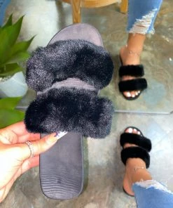 LaModishBoutique Lilenna Double Fluffy Slides - Black (FINAL SALE)