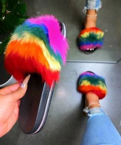 Cheap LaModishBoutique Shop 5 LaModishBoutique Daisy Fur Slides - Rainbow Red (FINAL SALE)