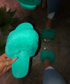 LaModishBoutique Daisy Fur Slides - Teal (FINAL SALE)