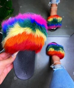 LaModishBoutique Daisy Fur Slides - Rainbow Red (FINAL SALE)